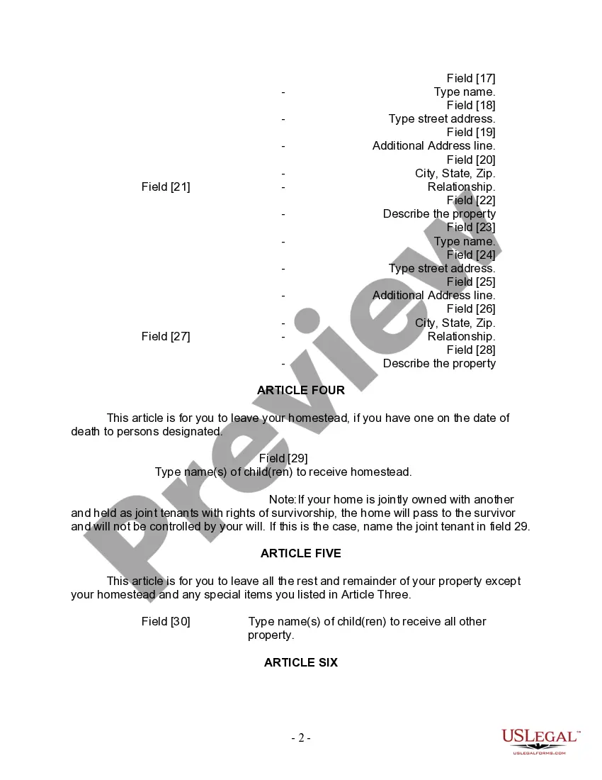 Preview Last Will and Testament for Divorced Person not Remarried with Adult Children