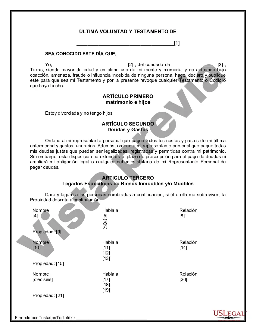 Preview Formulario de última voluntad y testamento legal para personas divorciadas que no se han vuelto a casar y no tienen hijos