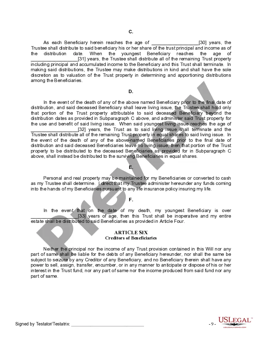 Preview Last Will and Testament for Divorced Person not Remarried with Minor Children