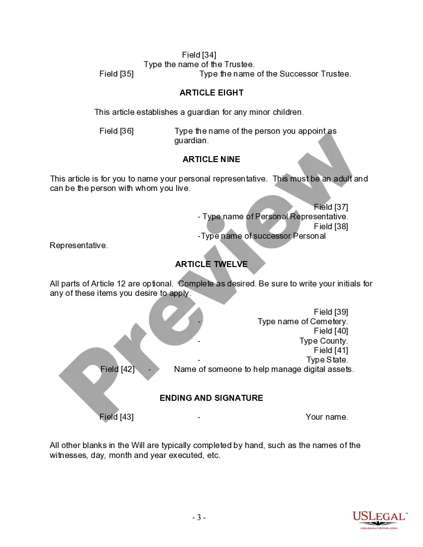Preview Last Will and Testament for Divorced Person not Remarried with Minor Children