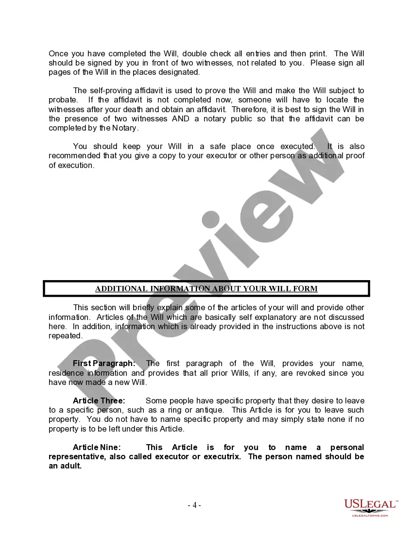 Preview Last Will and Testament for Divorced Person not Remarried with Minor Children