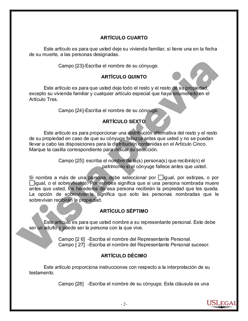 Preview Formulario de última voluntad y testamento legal para una persona casada sin hijos