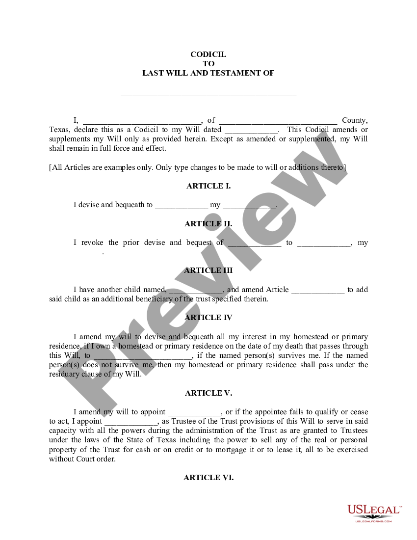 Texas Codicil to Will Form for Amending Your Will Last Will Testament