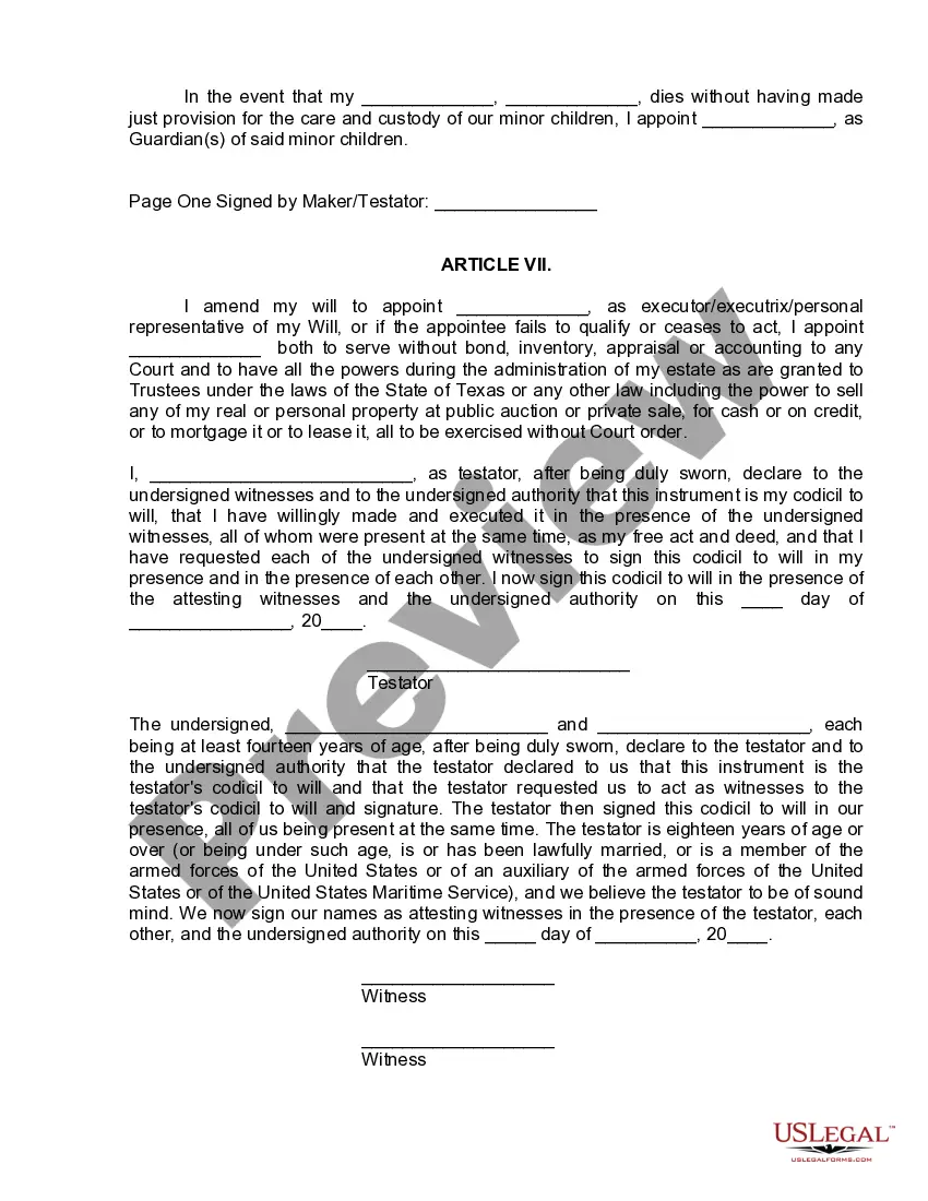 Get Codicil to Will Form for Amending Your Will - Will Changes or Amendments Preview Codicil to Will Form for Amending Your Will - Will Changes or Amendments