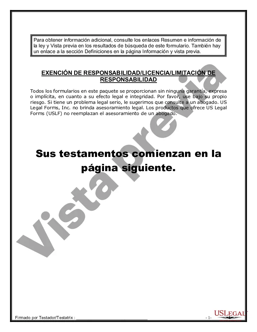 Preview Paquete de Voluntades Mutuas con Últimas Voluntades y Testamentos para Pareja Casada con Hijos Mayores y Menores