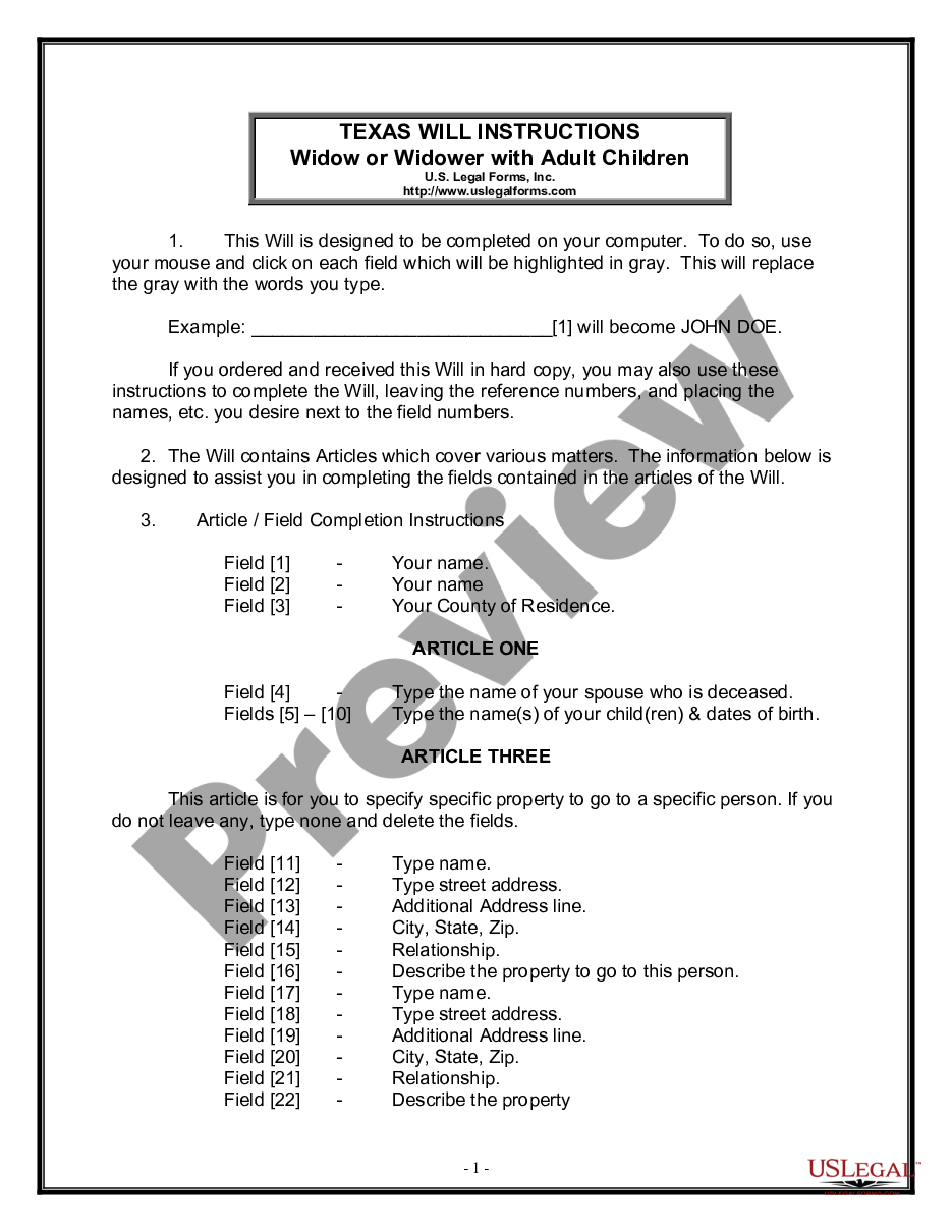 page 0 Legal Last Will and Testament Form for a Widow or Widower with Adult Children preview