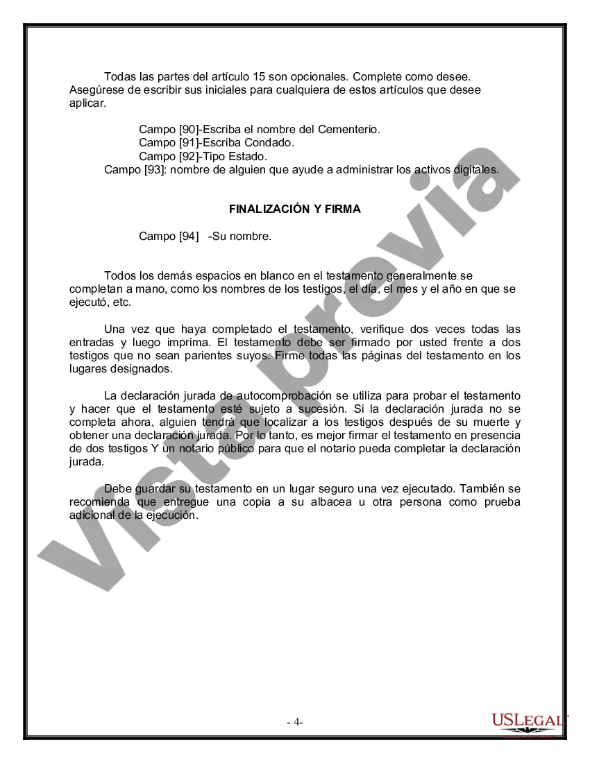 Preview Formulario Legal de Última Voluntad y Testamento para Persona Divorciada y Recasada con Hijos Míos, Tuyos y Nuestros