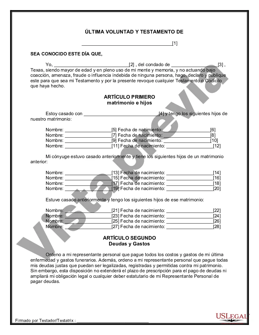 Preview Formulario Legal de Última Voluntad y Testamento para Persona Divorciada y Recasada con Hijos Míos, Tuyos y Nuestros