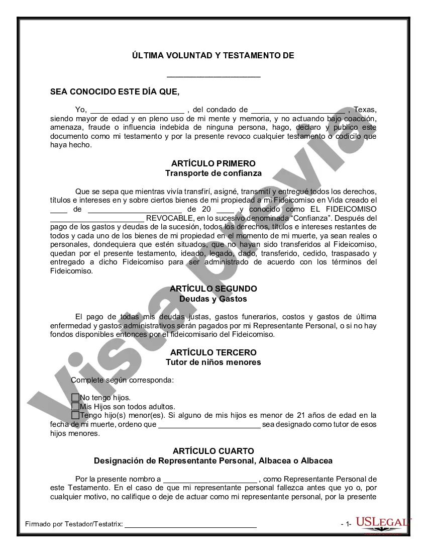Preview Último testamento legal y formulario de testamento con todos los bienes en fideicomiso llamado testamento invertido