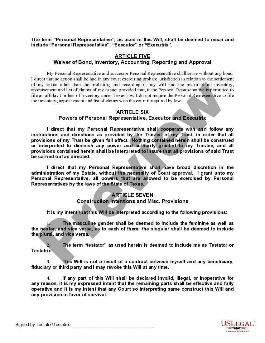 Preview Last Will and Testament with All Property to Trust called a Pour Over Will