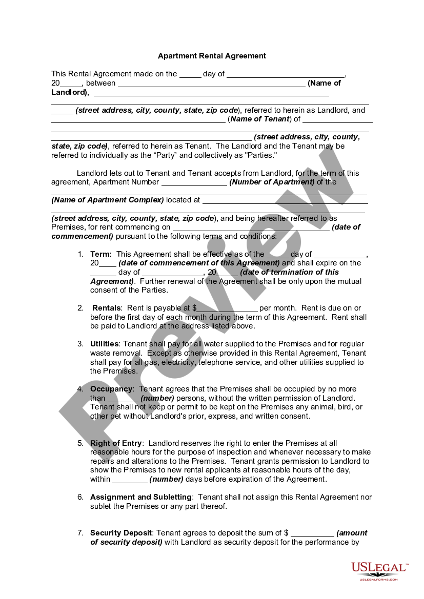 Illinois Rental Lease Agreement for Apartment Rental Lease Agreement