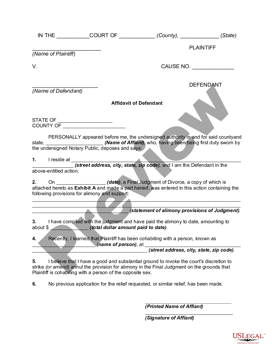 page 0 Affidavit of Defendant Spouse in Support of Motion to Amend or Strike Alimony Provisions of Divorce Decree Because of Cohabitation By Dependent Spouse preview