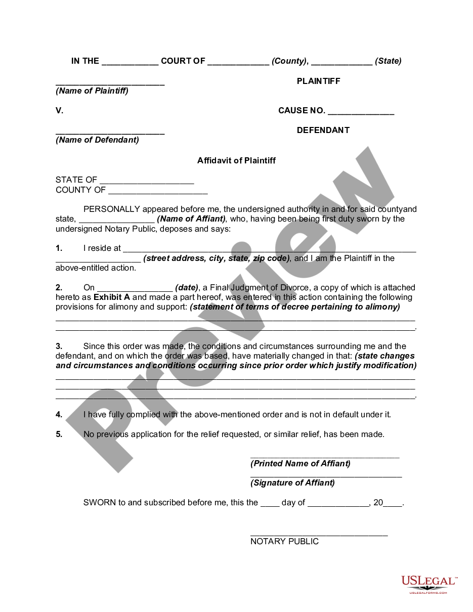 form Affidavit by Obligor Spouse on Application to Modify Order for Alimony preview