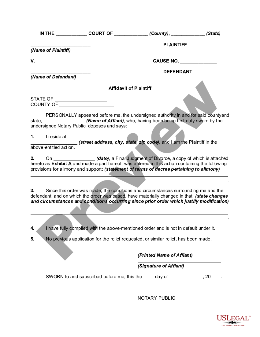 Affidavit by Obligor Spouse on Application to Modify Order for Alimony ...