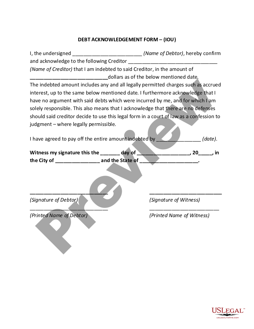 Washington Debt Acknowledgment Iou I Owe You Debt I Us Legal Forms 0918