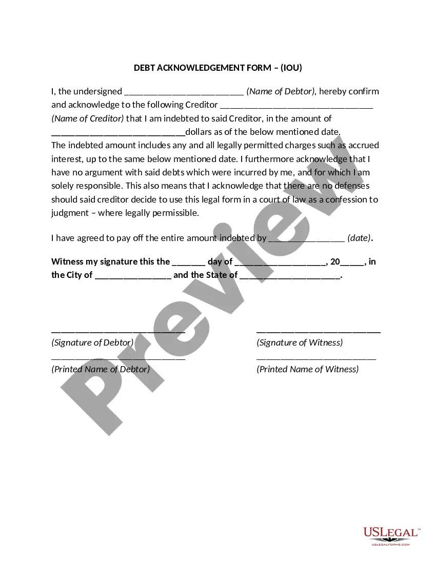 Get Debt Acknowledgment - IOU - I Owe You Preview Debt Acknowledgment - IOU - I Owe You