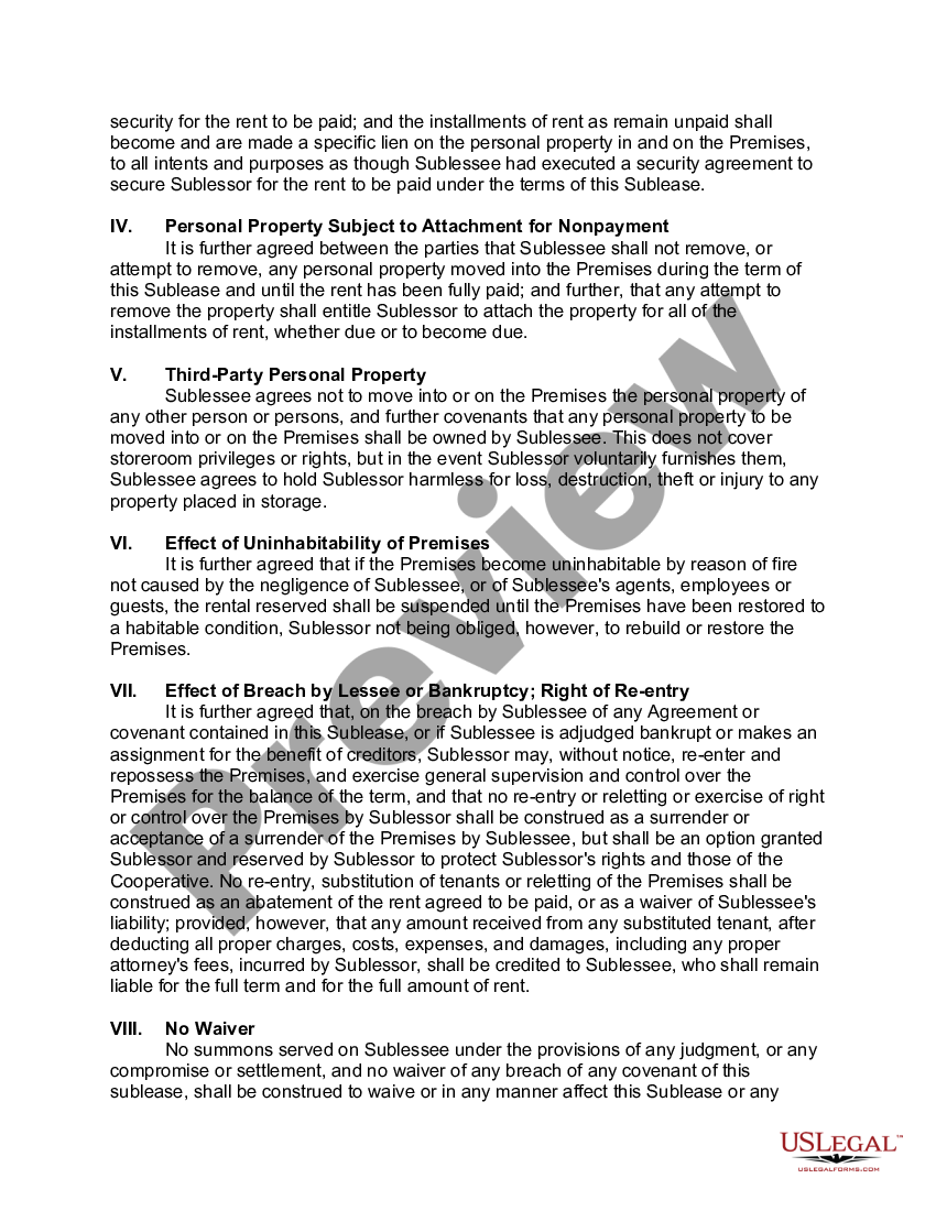 Cooperative Apartment Sublease Agreement Aoa Forms Rental Agreement