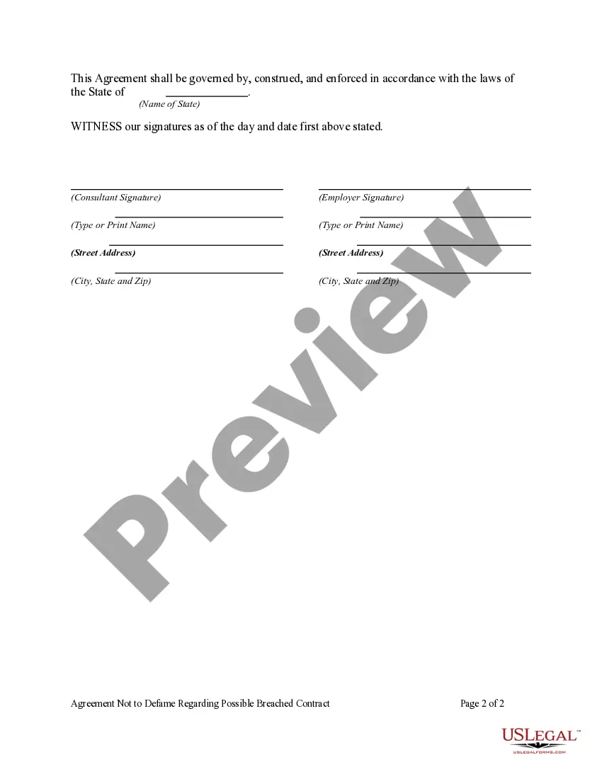 Get Agreement Not to Defame Regarding Possible Breached Contract Preview Agreement Not to Defame Regarding Possible Breached Contract
