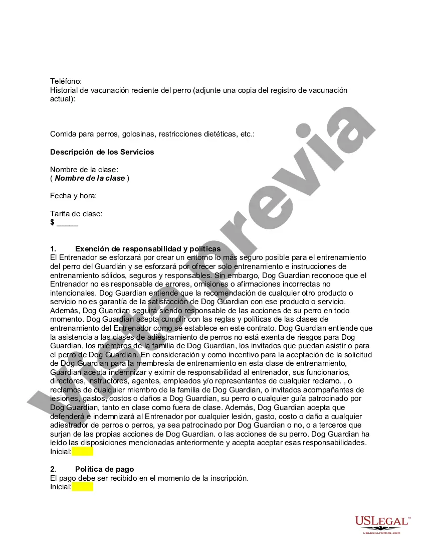 Preview Contrato de servicio de clase de adiestramiento canino