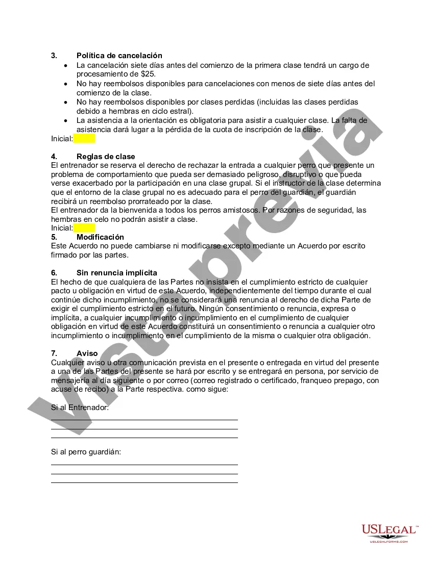 Preview Contrato de servicio de clase de adiestramiento canino