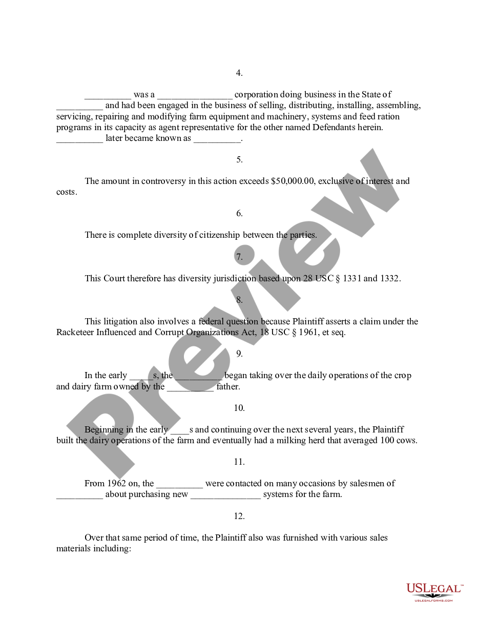 page 1 Complaint For Misrepresentation of Dairy Herd Feeding System - Jury Trial Demand preview
