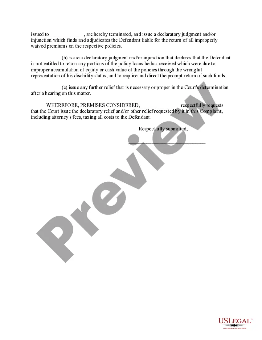 Get Complaint For Declaratory Judgment for Return of Improperly Waived Insurance Premiums Preview Complaint For Declaratory Judgment for Return of Improperly Waived Insurance Premiums