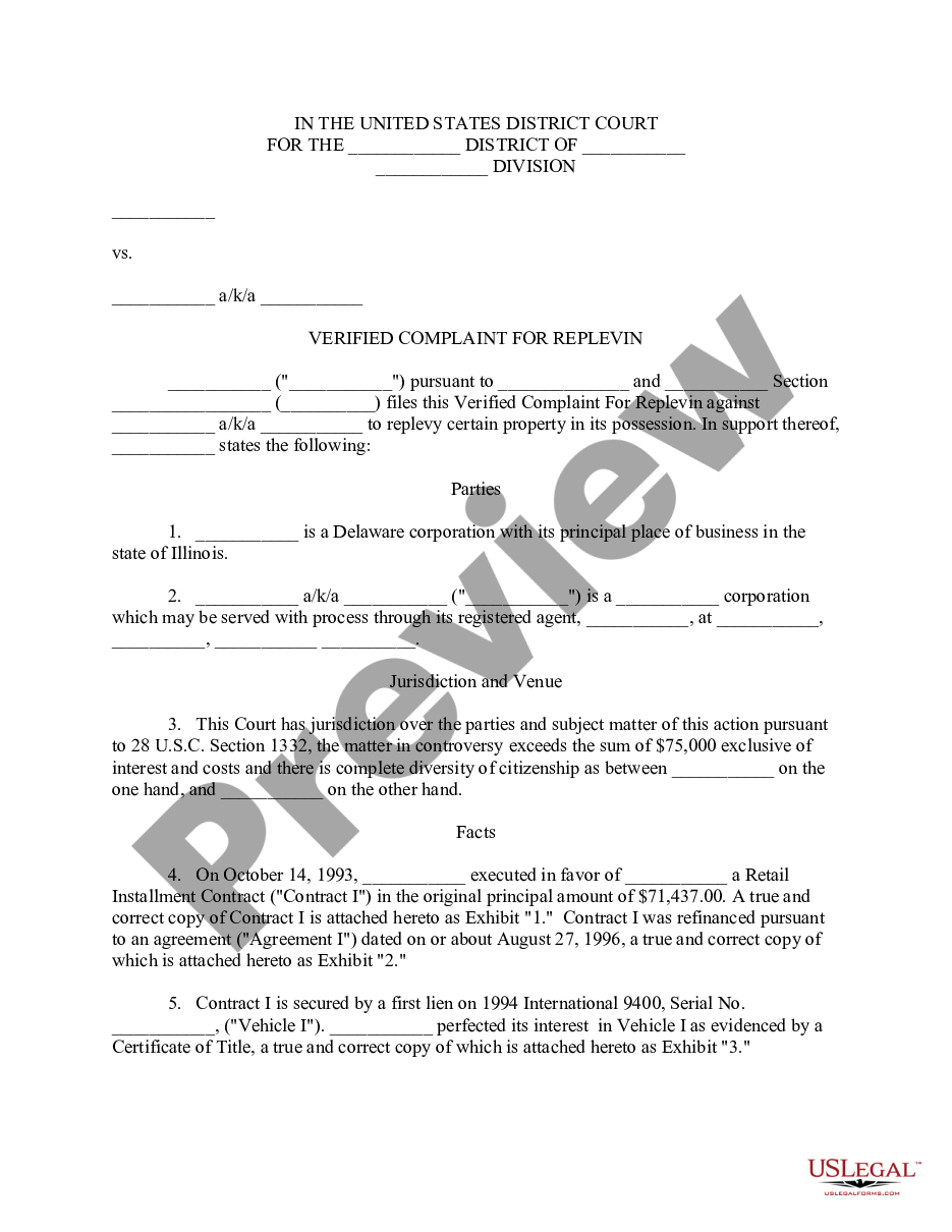 page 0 Verified Complaint for Replevin or Repossession preview