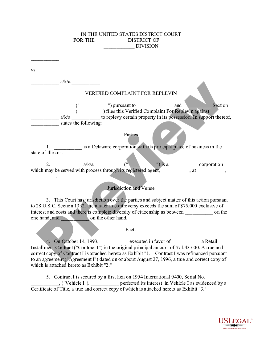 Verified Complaint for Replevin or Repossession - Replevin | US Legal Forms