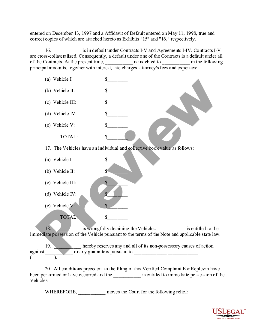 Verified Complaint for Replevin or Repossession - Replevin Repossession