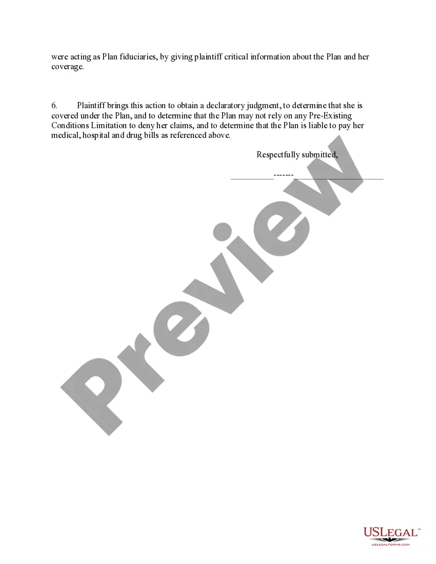 Get Complaint For Declaratory Judgment To Determine ERISA Coverage Preview Complaint For Declaratory Judgment To Determine ERISA Coverage