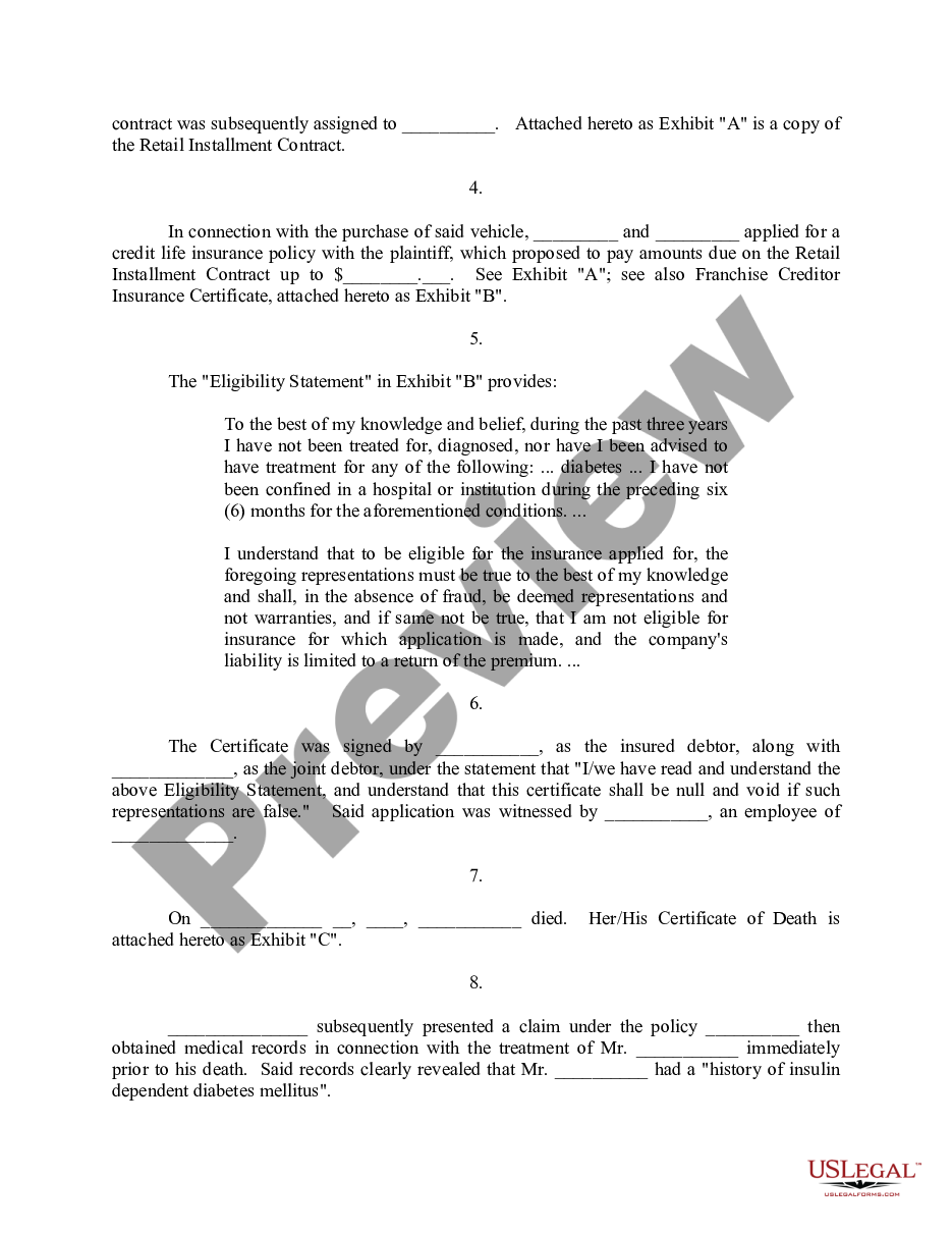 page 1 Complaint For Declaratory Judgment To Determine Credit Life Policy Coverage preview