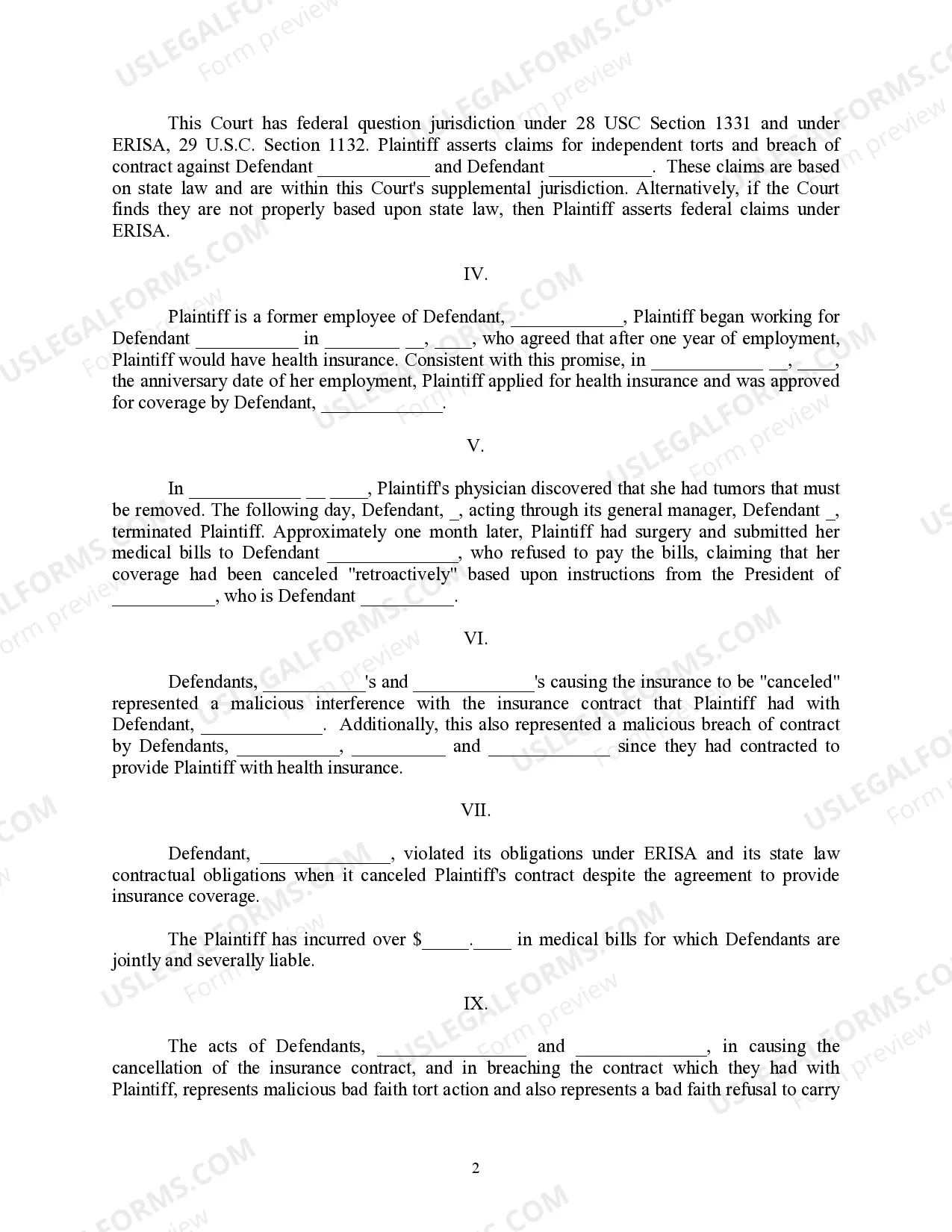 Preview Complaint For Wrongful Termination of Insurance Under ERISA and For Bad Faith - Jury Trial Demand