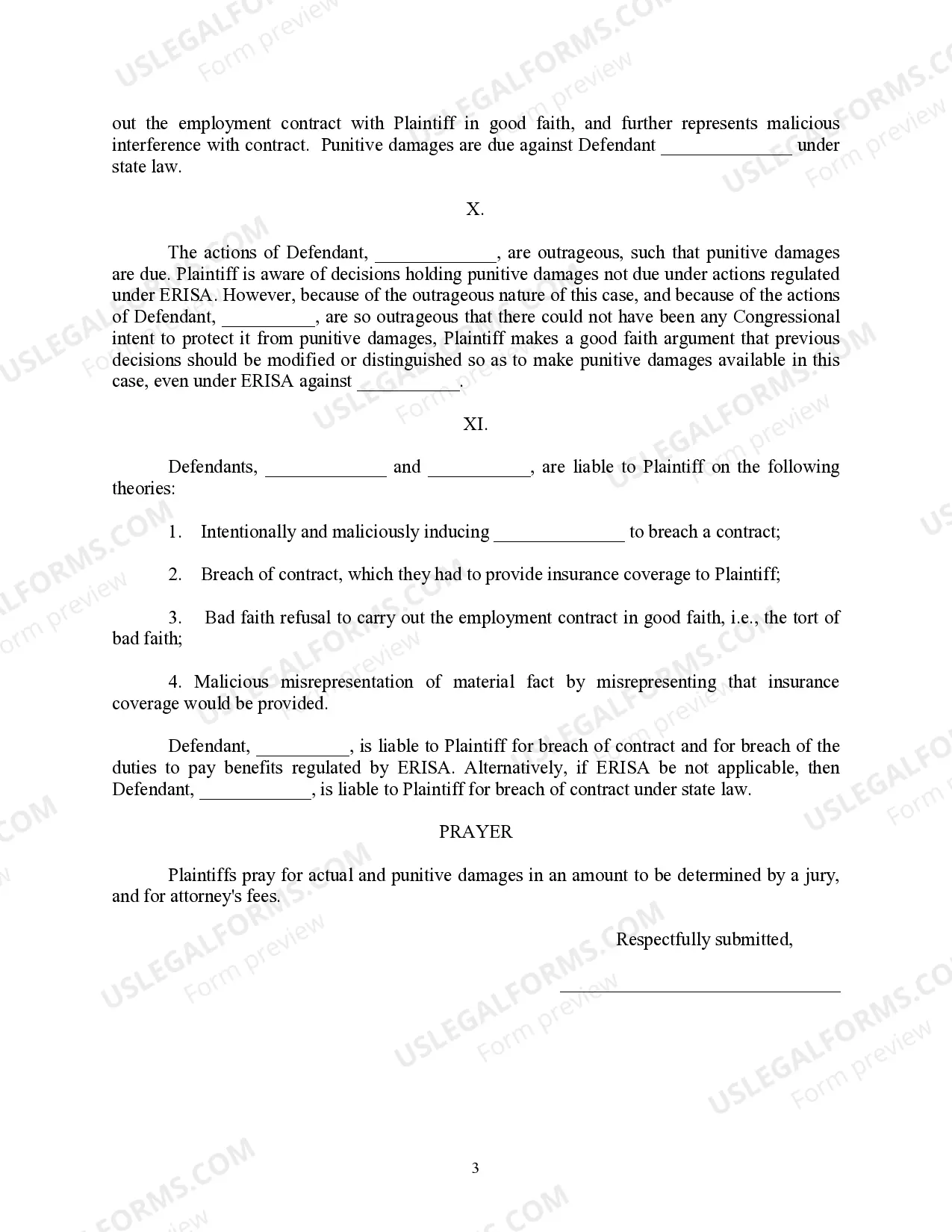 Preview Complaint For Wrongful Termination of Insurance Under ERISA and For Bad Faith - Jury Trial Demand