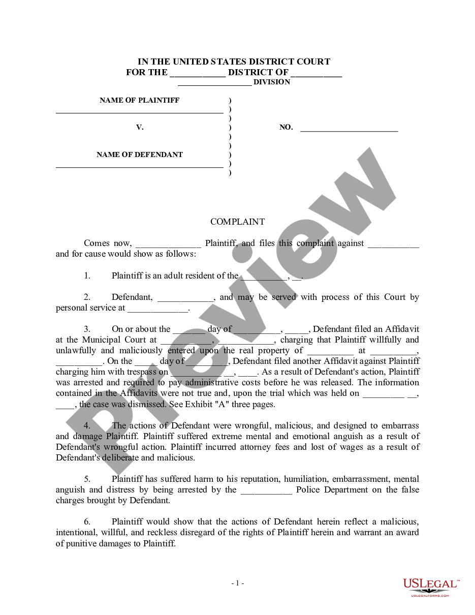 page 0 Complaint For False Arrest and Imprisonment - 4th and 14th Amendment, US Constitution - Jury Trial Demand preview