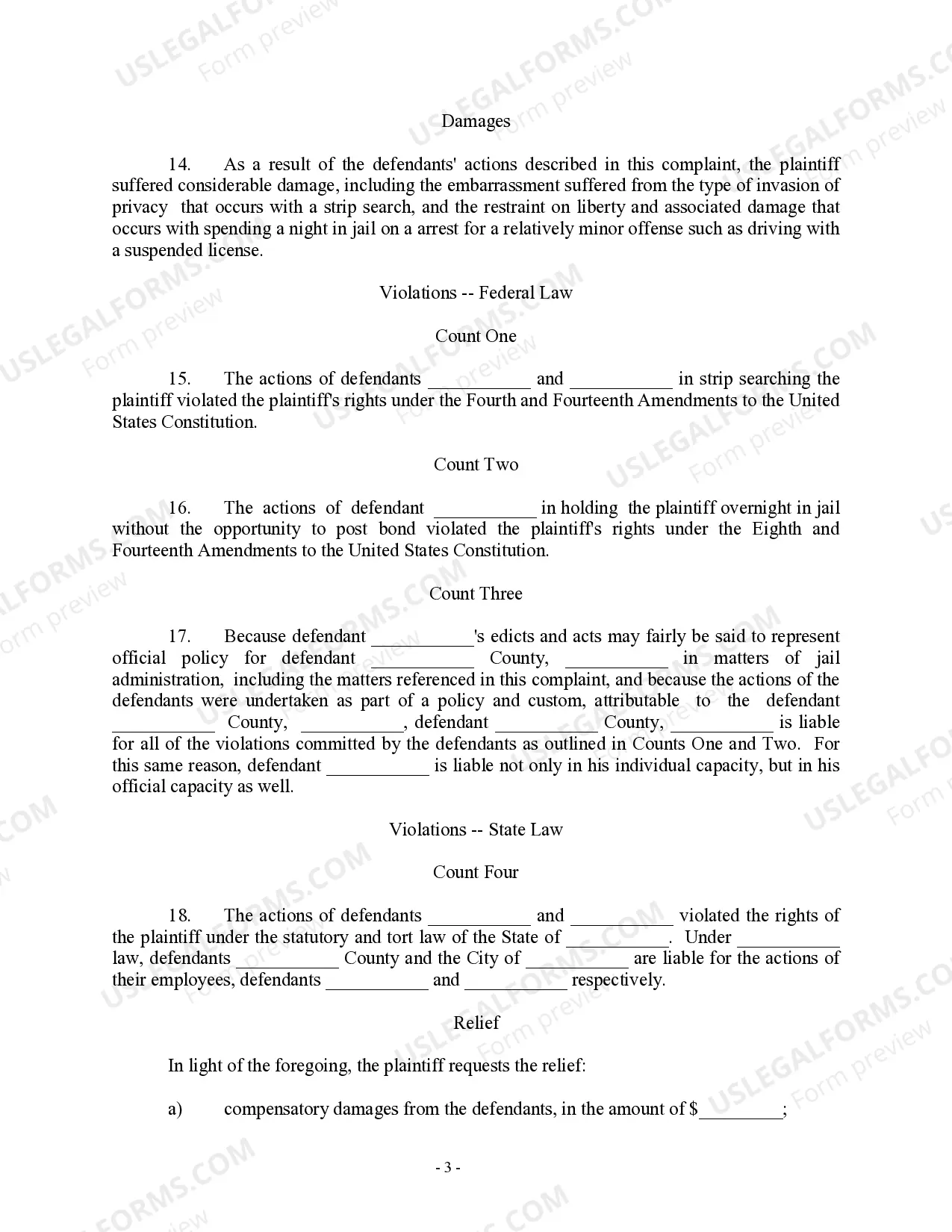 Preview Complaint For Strip Search - 4th and 14th Amendment, US Constitution - Jury Trial Demand