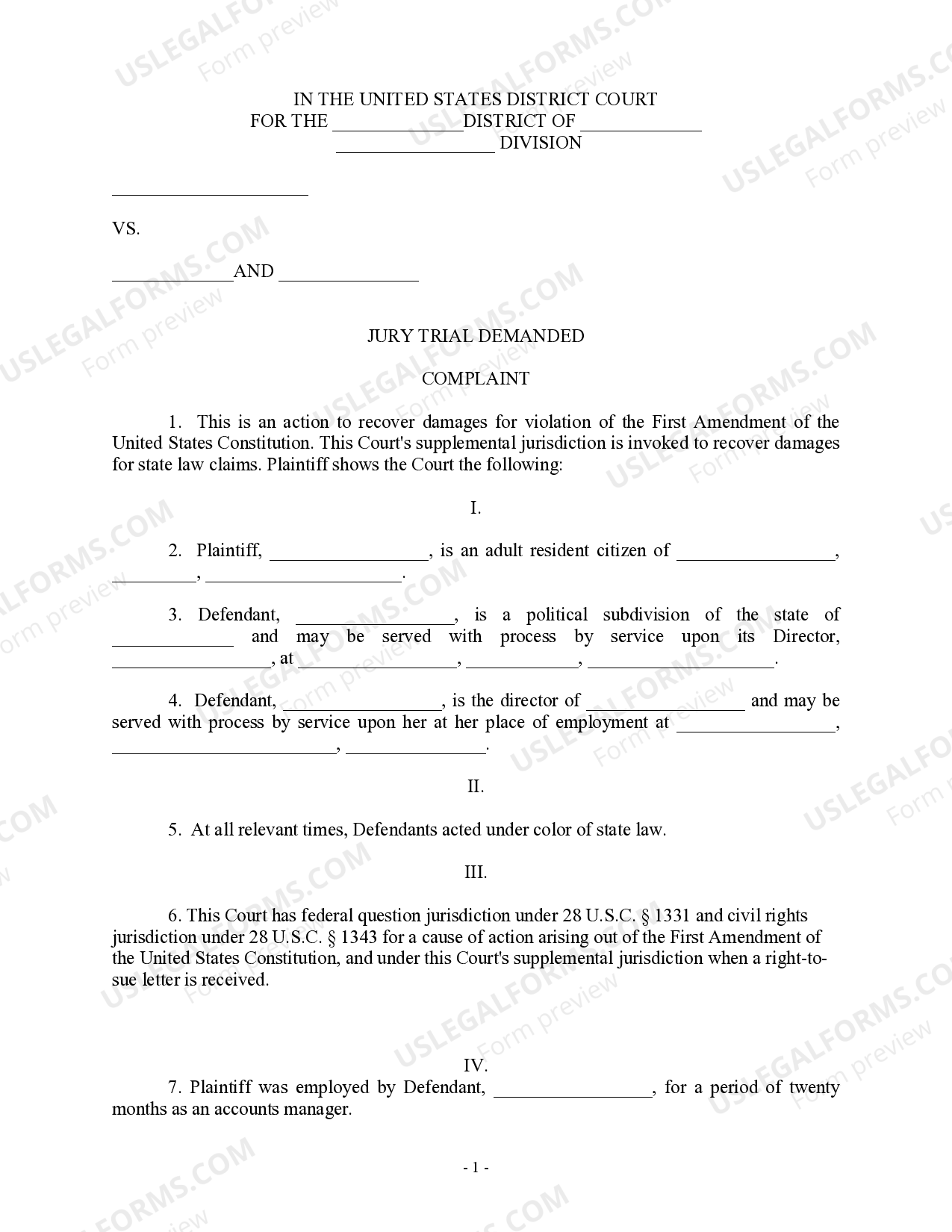 Complaint for Violation of Civil Rights and for Wrongful Discharge for