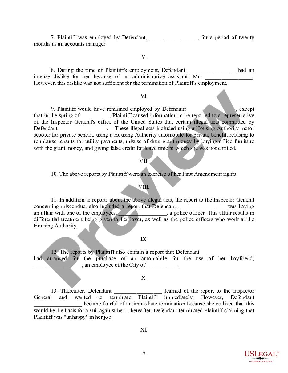 page 1 Complaint for Violation of Civil Rights and for Wrongful Discharge for Reporting Illegal Acts - 1st, 14th Amendments, US Constitution - Jury Trial Demand preview