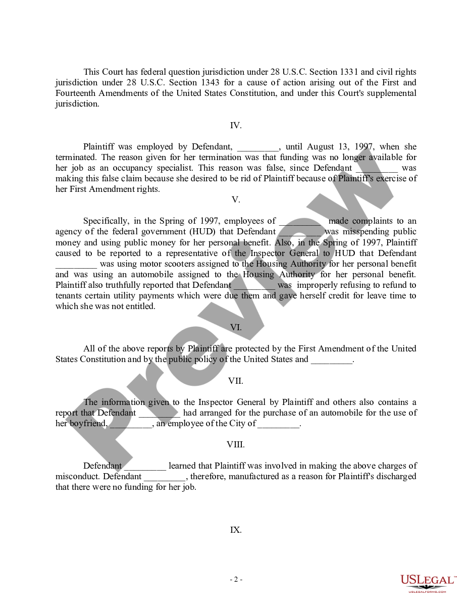 page 1 Complaint for Violation of Civil Rights and for Wrongful Discharge and Failure To Rehire - 1st, 14th Amendments, US Constitution - Jury Trial Demand preview