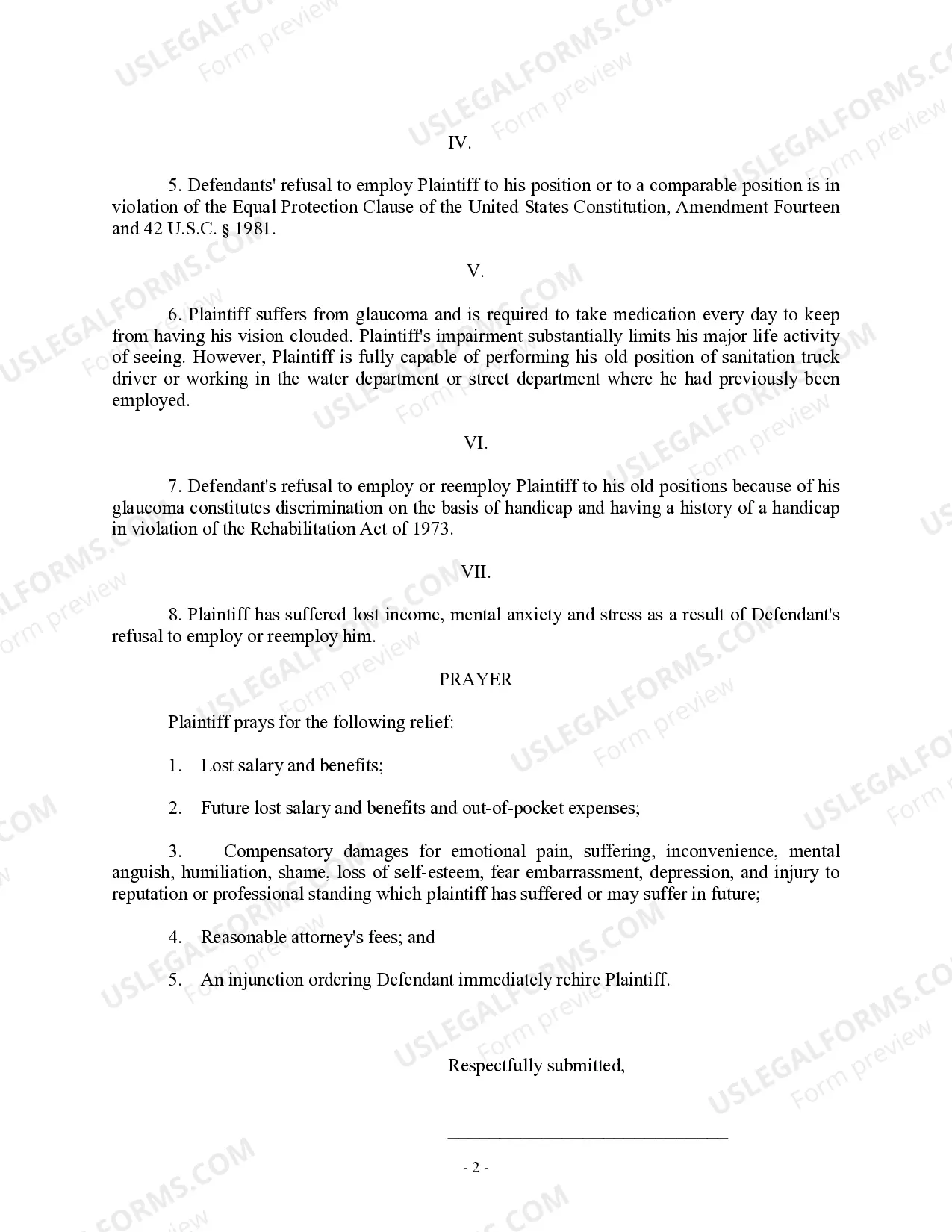 Preview Complaint For Discriminatory Discharge Based Upon Race and Physical Handicap Jury Trial Demand