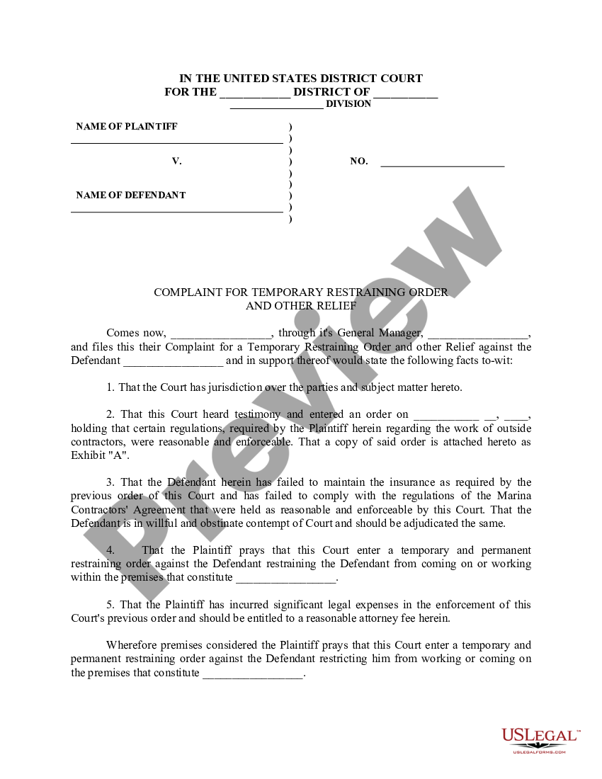 Chicago Illinois Sample Complaint For Temporary Restraining Order To Prevent Contractor From