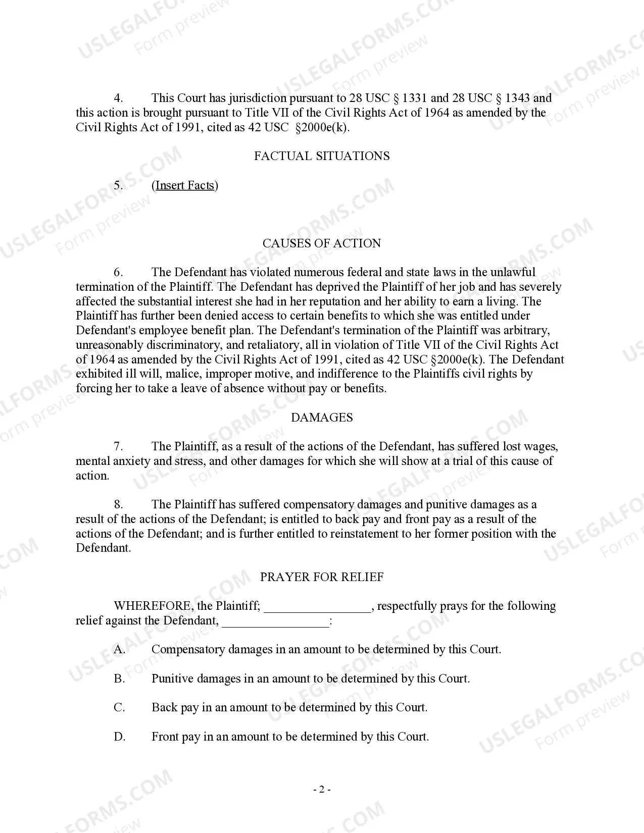 Preview Complaint For Wrongful Termination - Title VII Civil Rights Act - Pregnancy Discrimination Act - Jury Trial Demand