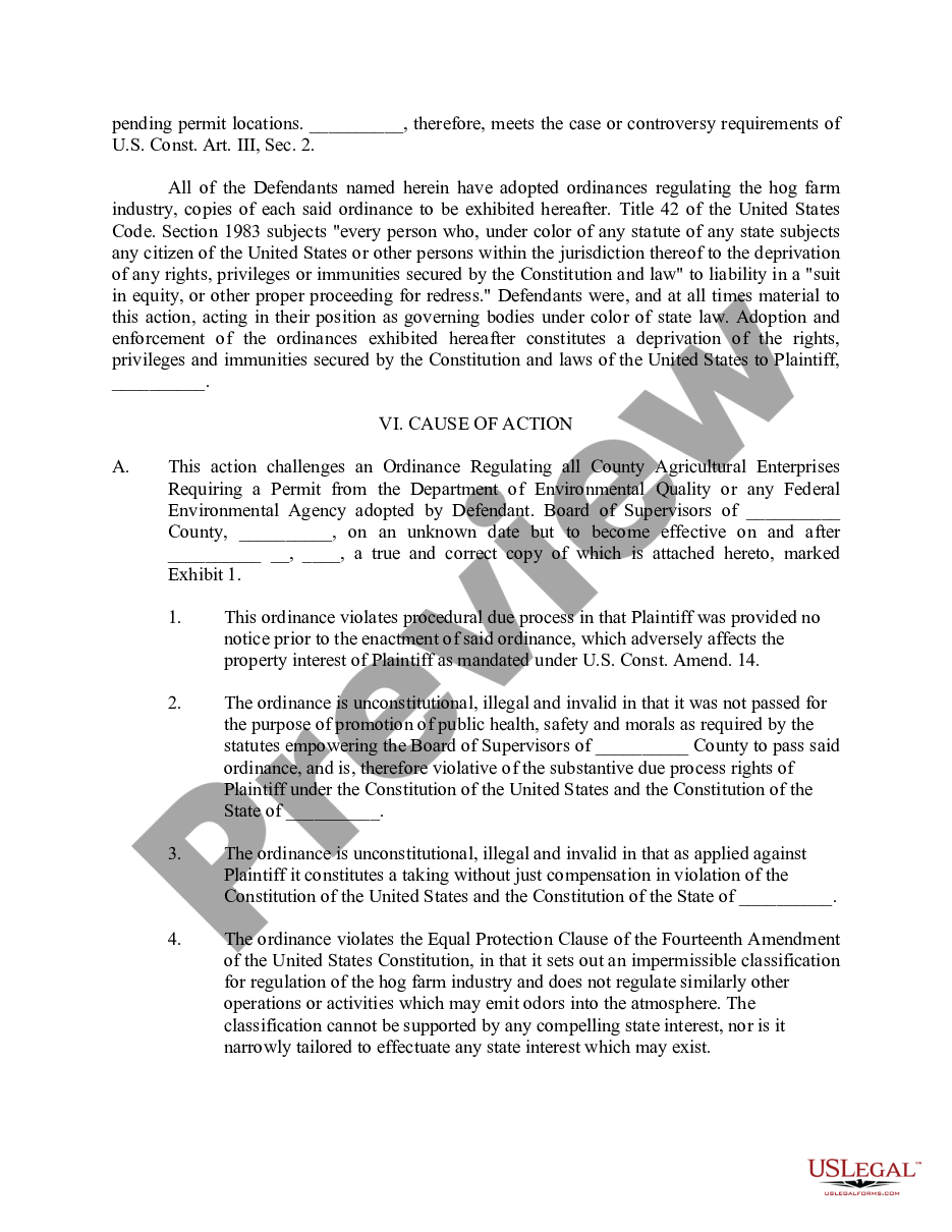 page 2 Complaint For Declaratory Judgment, Temporary Restraining Order, Preliminary and Permanent Injunction From Enforcement Of County Hog farming Ordinances preview