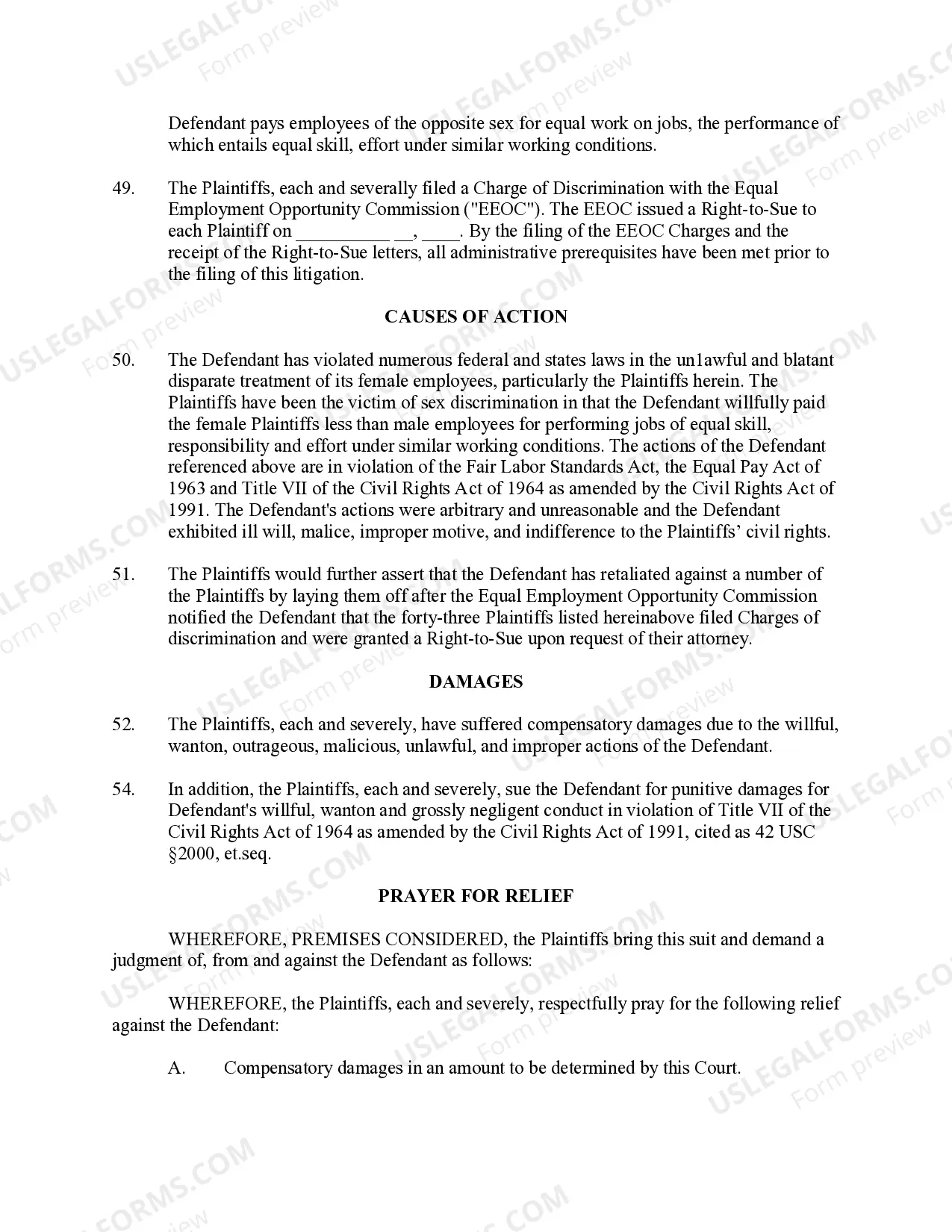 Preview Complaint regarding FLSA Equal Pay Act Title VII Civil Rights Act - Jury Trial Demand