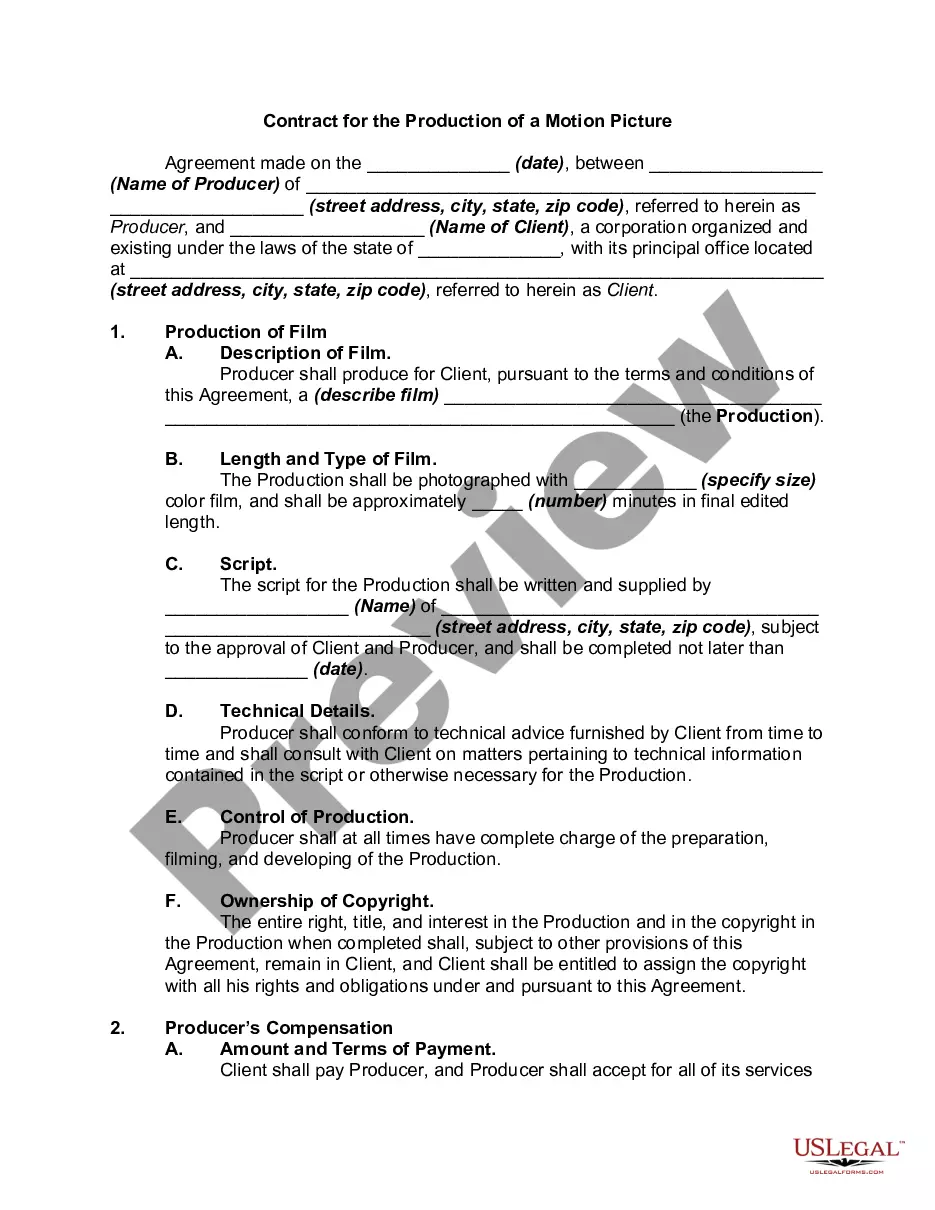 Movie or Film Production Agreement Film Production Contract Template