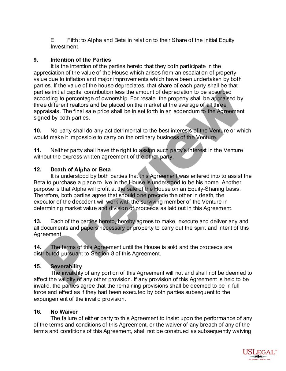 Equity Share Agreement Co Ownership Agreement US Legal Forms