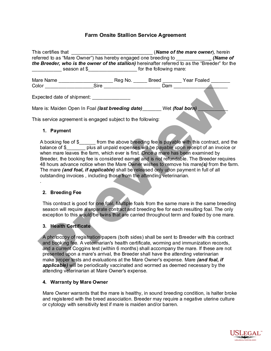 Farm Onsite Stallion Service Agreement - Breeding Contract  US Pertaining To stallion breeding contract templates