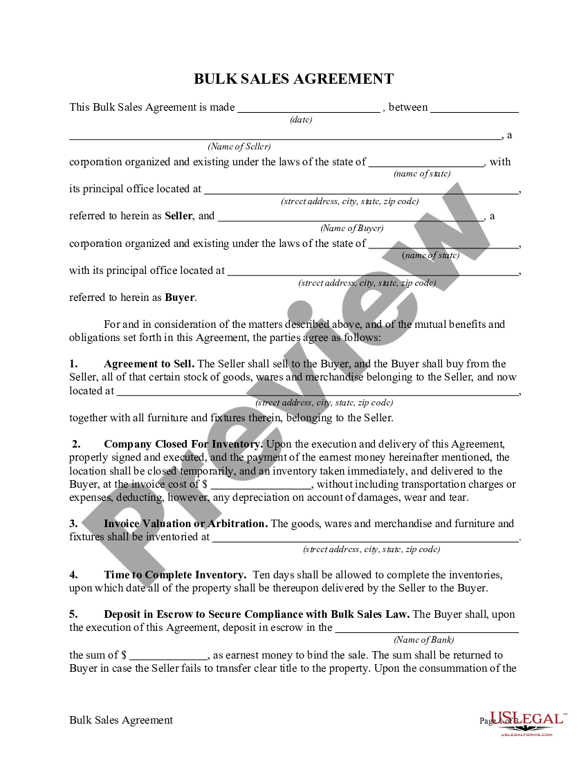 Bulk Sales Agreement US Legal Forms