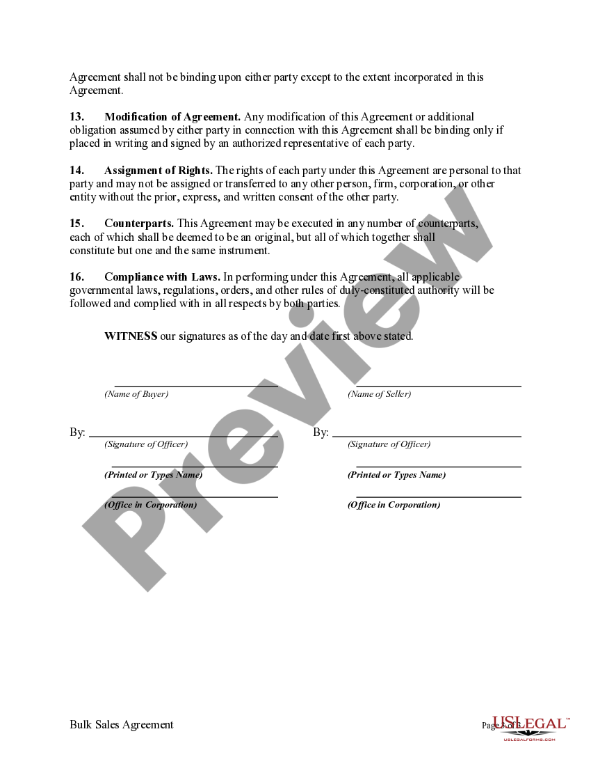 Bulk Sales Agreement US Legal Forms