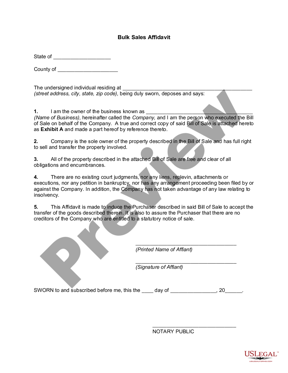 page 0 Bulk Sales Transfer Affidavit preview