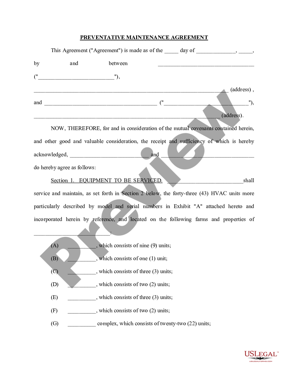 page 0 Preventative Maintenance Agreement - Air Conditioning Equipment preview